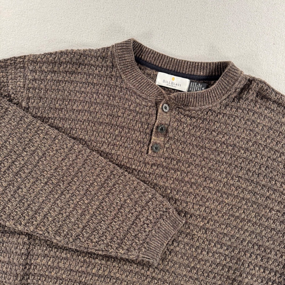 Bill Blass Vintage Henley Sweater XL Brown Textured Waffle Knit Long Sleeve